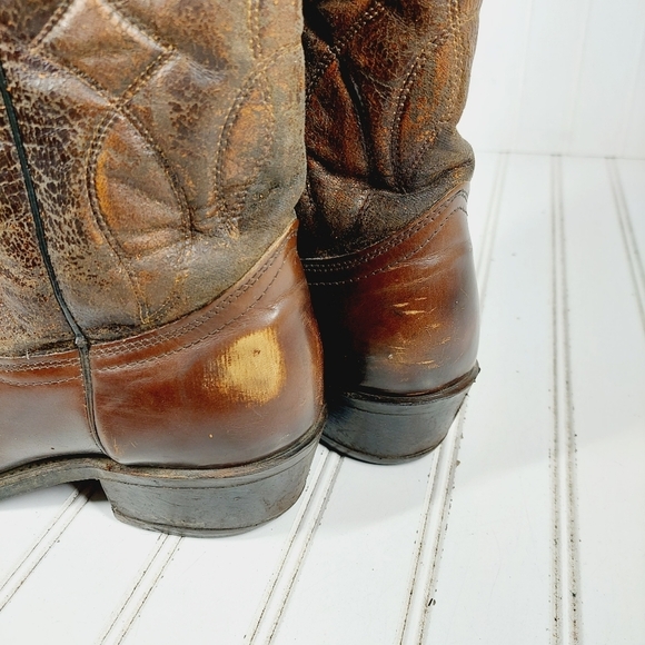 Bronco Brown Embroidery Leather Slip On Block Heel Pointy Toe Western Boots D186 - Picture 12 of 13